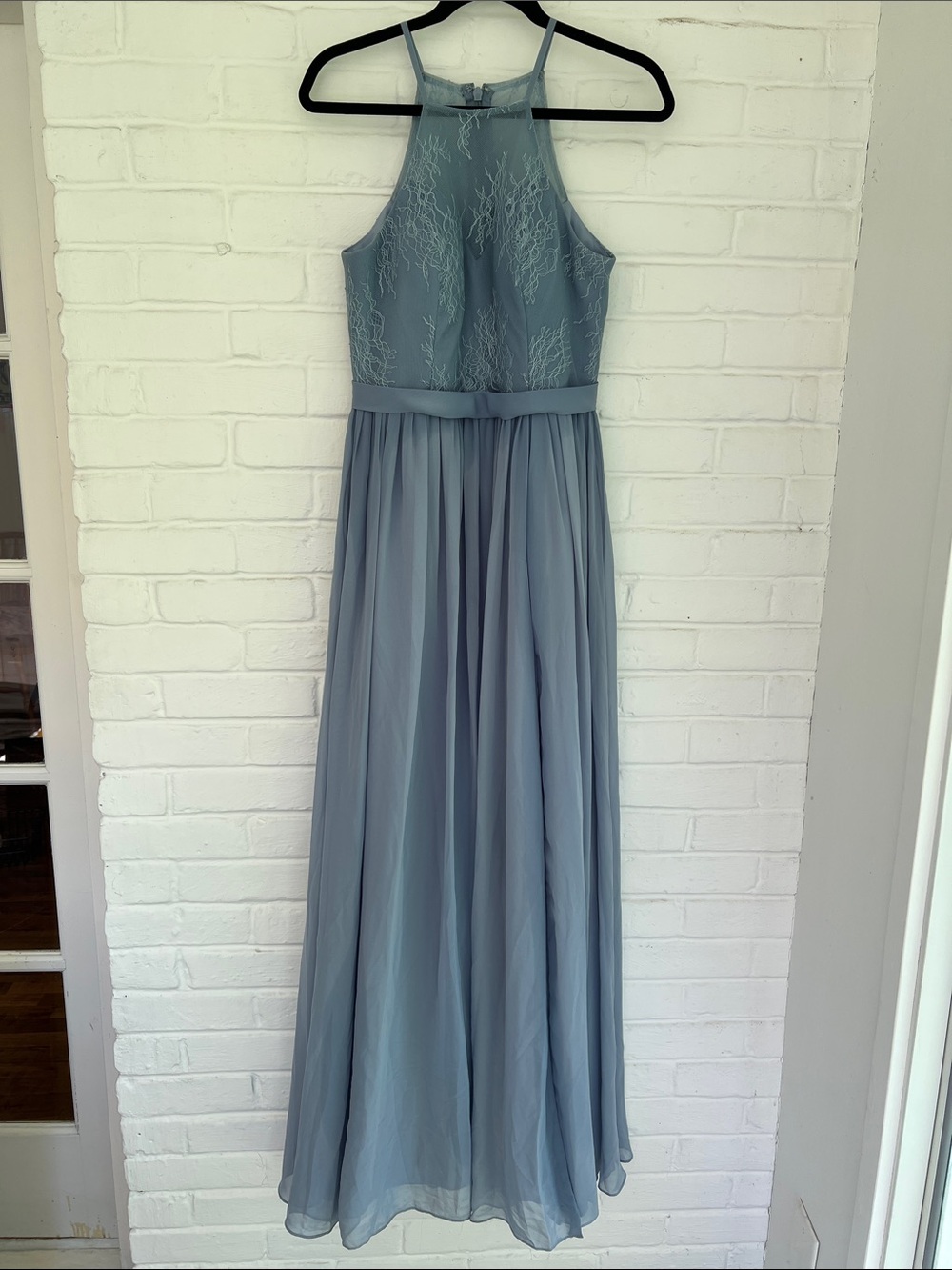 Azazie Dusty Blue High Neck with Sweetheart Lace Bodice Chiffon Wedding Dress